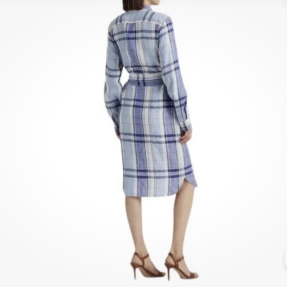 New LAUREN RALPH LAUREN Blue White Plaid Floral Linen Long Sleeve Dress - Picture 2 of 5